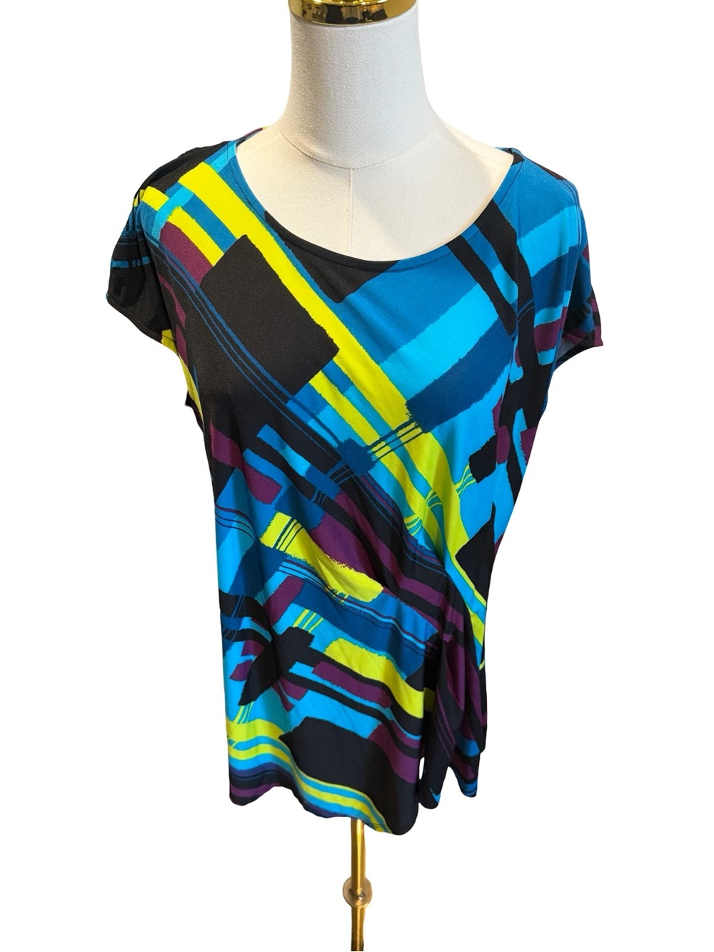 Vintage relativity Women’s Patterned Scoop Neck Top - Blue/Black/Yellow